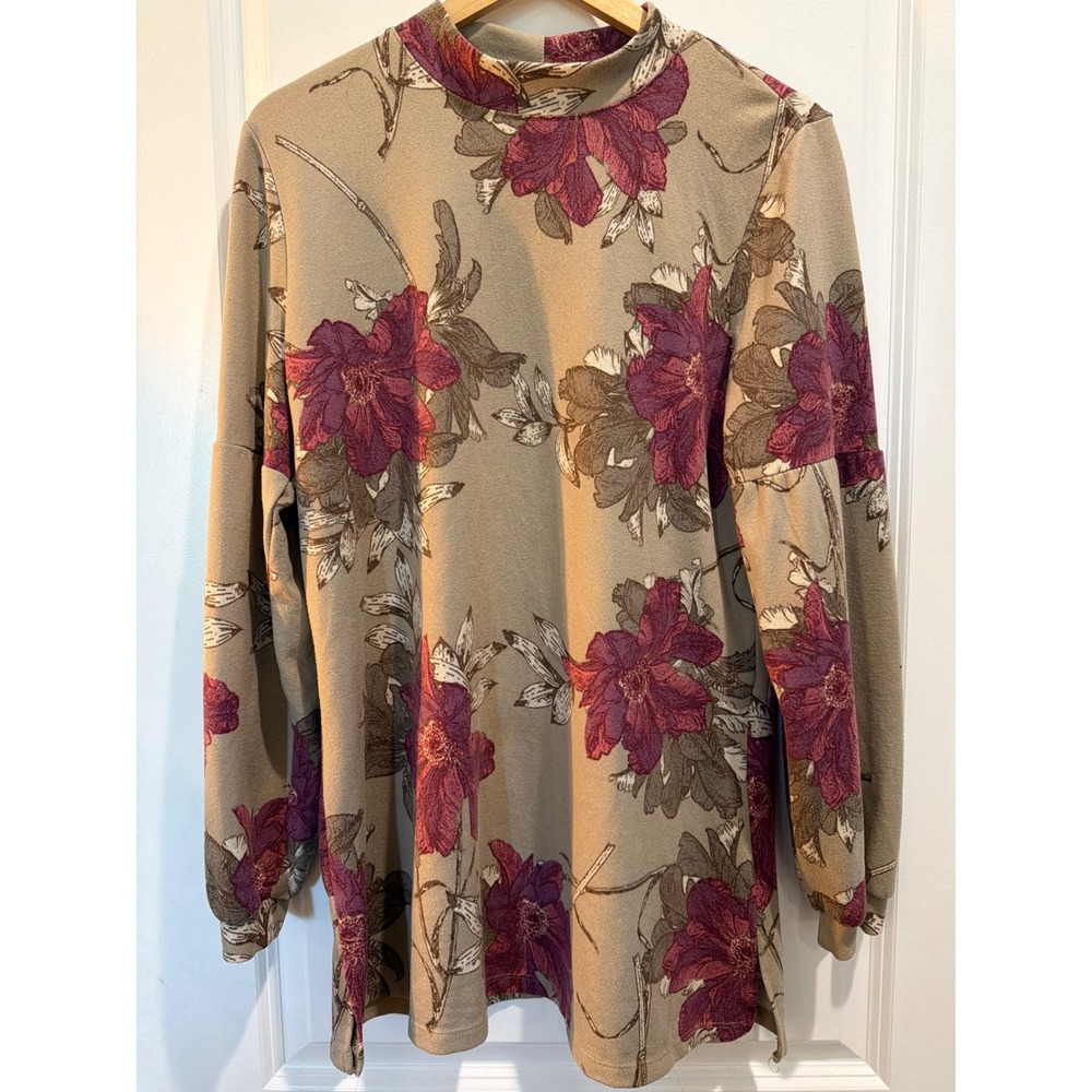 Studio by D&Co Floral Mock Neck Tunic Top Long Sleeve Burgundy Taupe Large